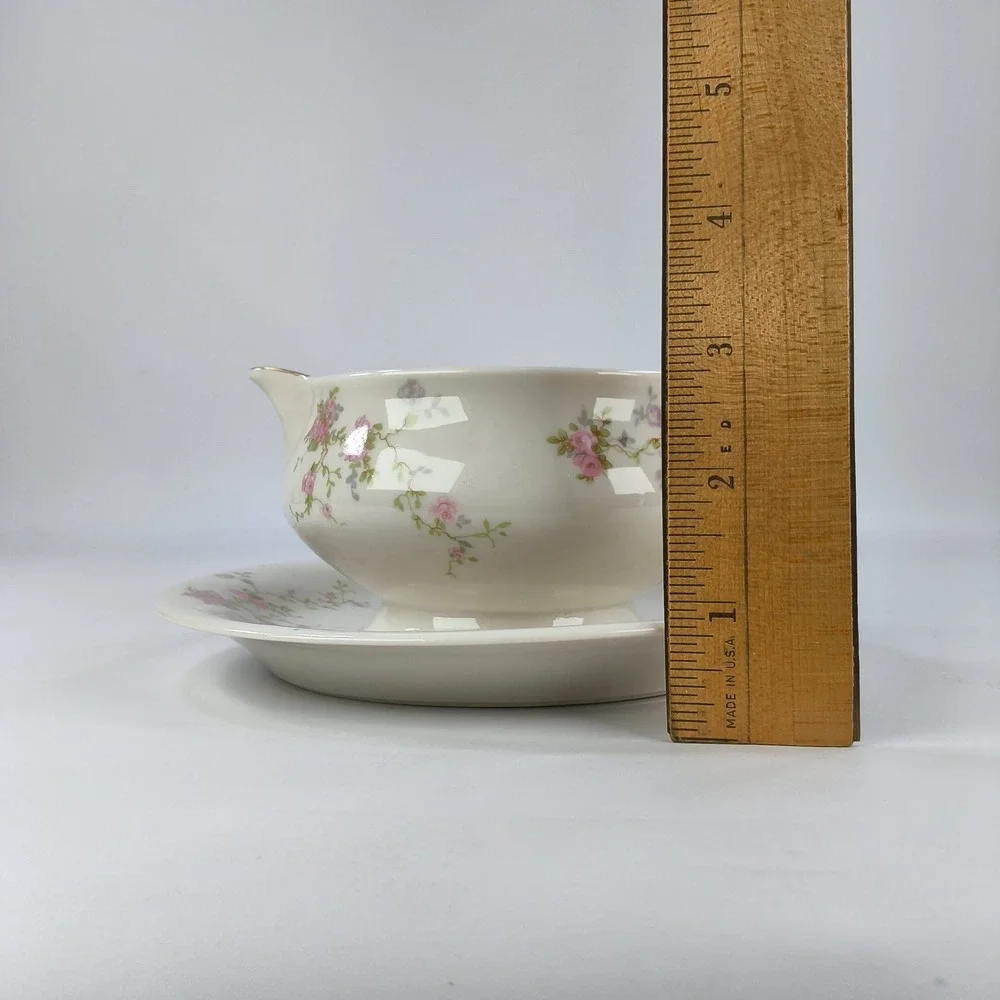Theodore Haviland New York Pink Spray Gravy Boat Attached Underplate Gold Trim